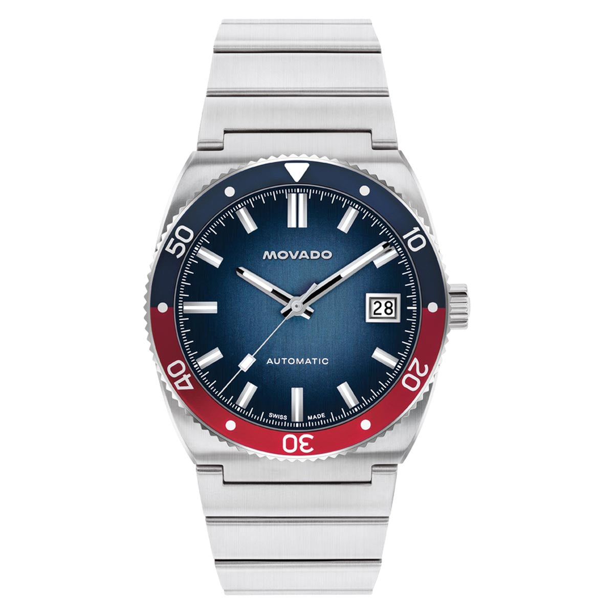 Movado Heritage Ondoplan Watch with Blue Dial and Stainless Steel Bracelet (39mm and automatic movement)