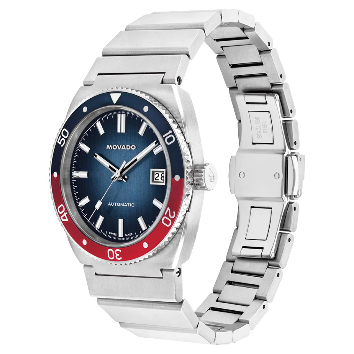 Movado Heritage Ondoplan Watch with Blue Dial and Stainless Steel Bracelet (39mm and automatic movement)