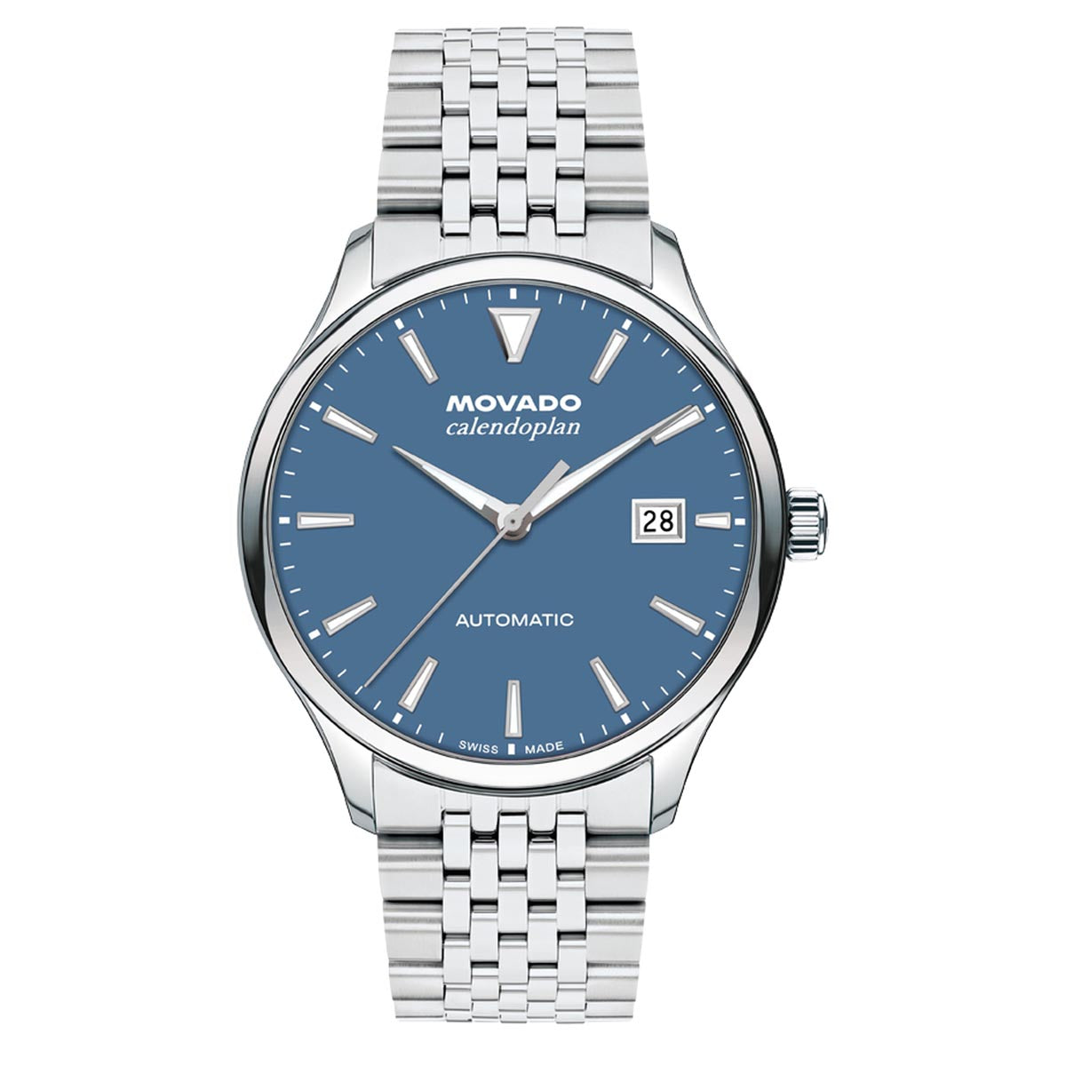 Movado Heritage Calendoplan Watch with Blue Dial and Stainless Steel Bracelet (40mm and automatic movement)