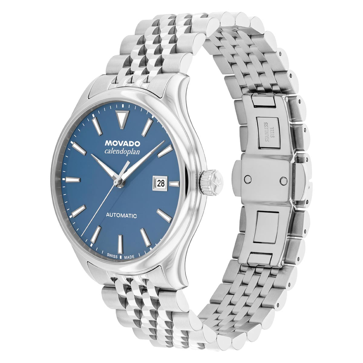 Movado Heritage Calendoplan Watch with Blue Dial and Stainless Steel Bracelet (40mm and automatic movement)