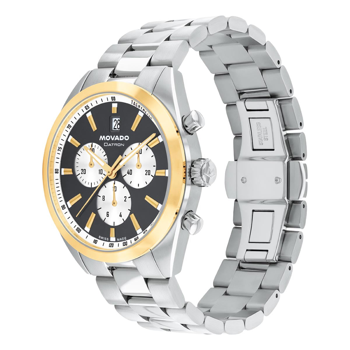 Movado Heritage Datron Chronograph Watch with Black and White Dial and Stainless Steel Bracelet (41mm and quartz movement)