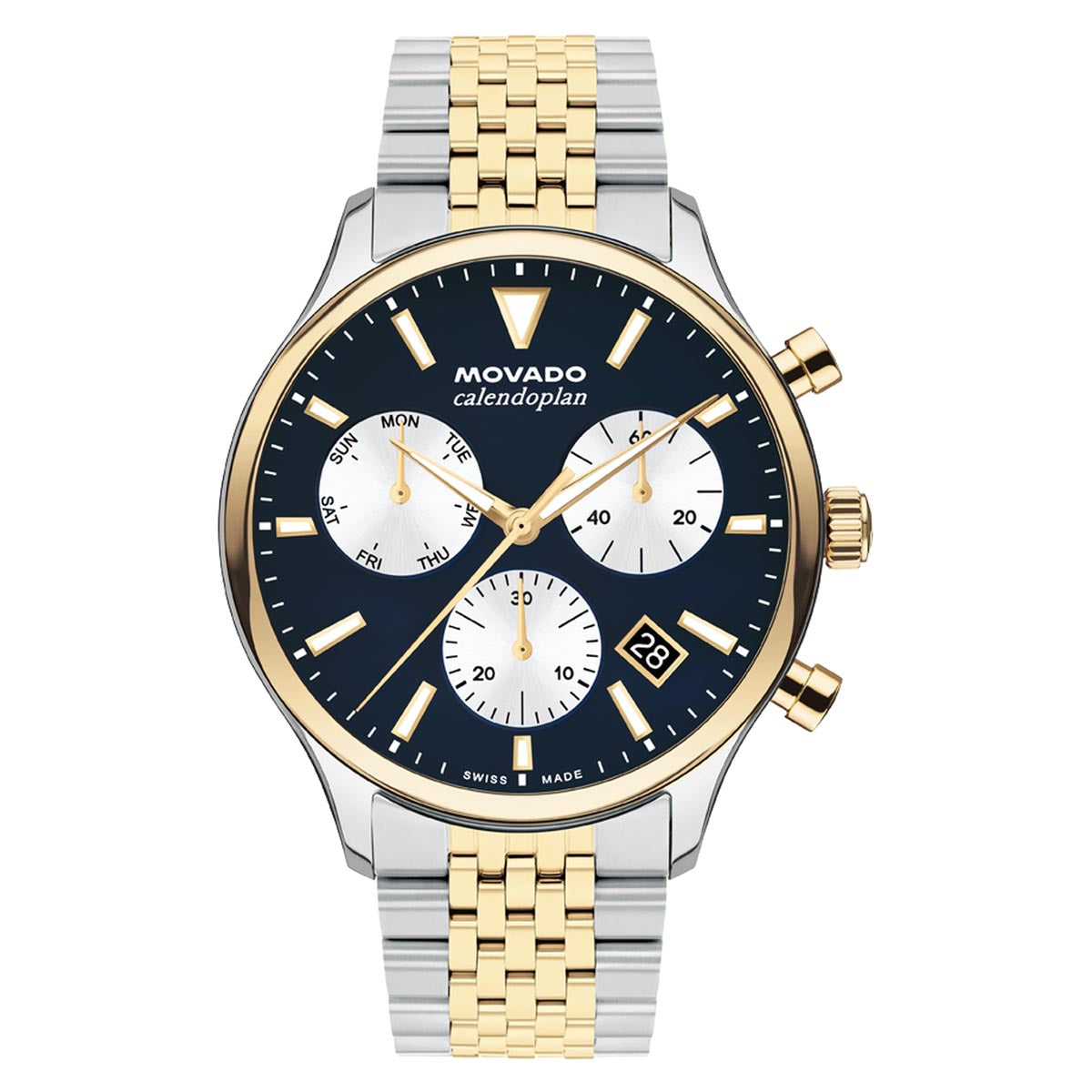 Movado Heritage Calendoplan Chronograph Watch with Navy and White Dial and White and Yellow Stainless steel Bracelet (43mm and quartz movement)