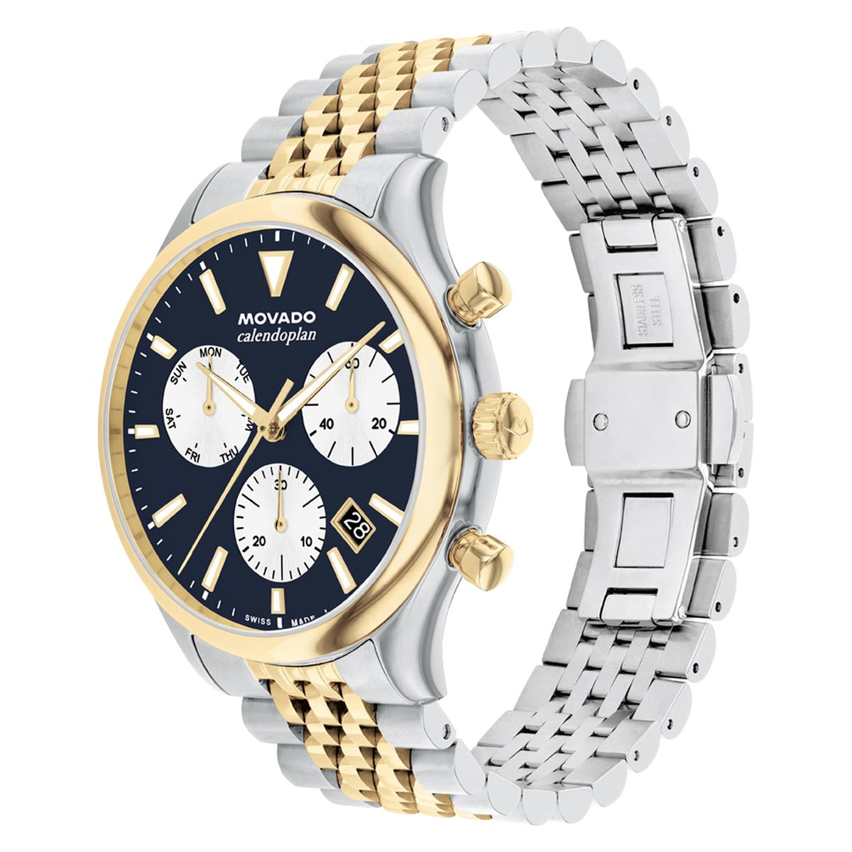 Movado Heritage Calendoplan Chronograph Watch with Navy and White Dial and White and Yellow Stainless steel Bracelet (43mm and quartz movement)