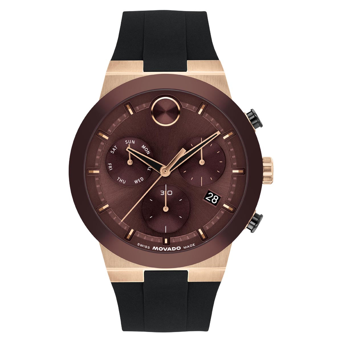 Movado Bold Fusion Chronograph Watch with Maroon Dial and Black Silicone Strap (44mm and quartz movement)