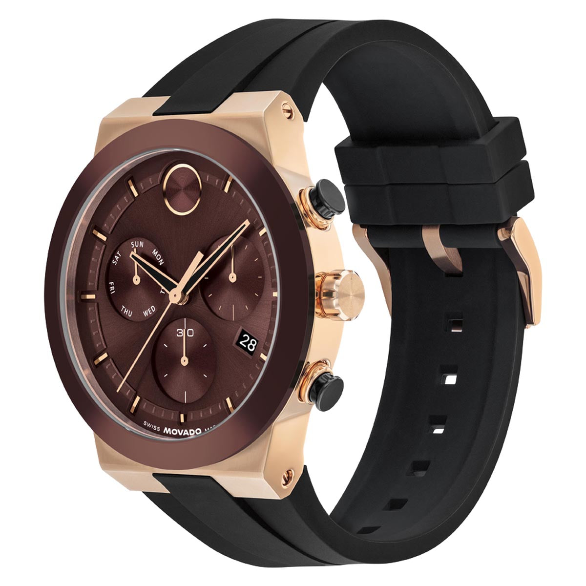 Movado Bold Fusion Chronograph Watch with Maroon Dial and Black Silicone Strap (44mm and quartz movement)