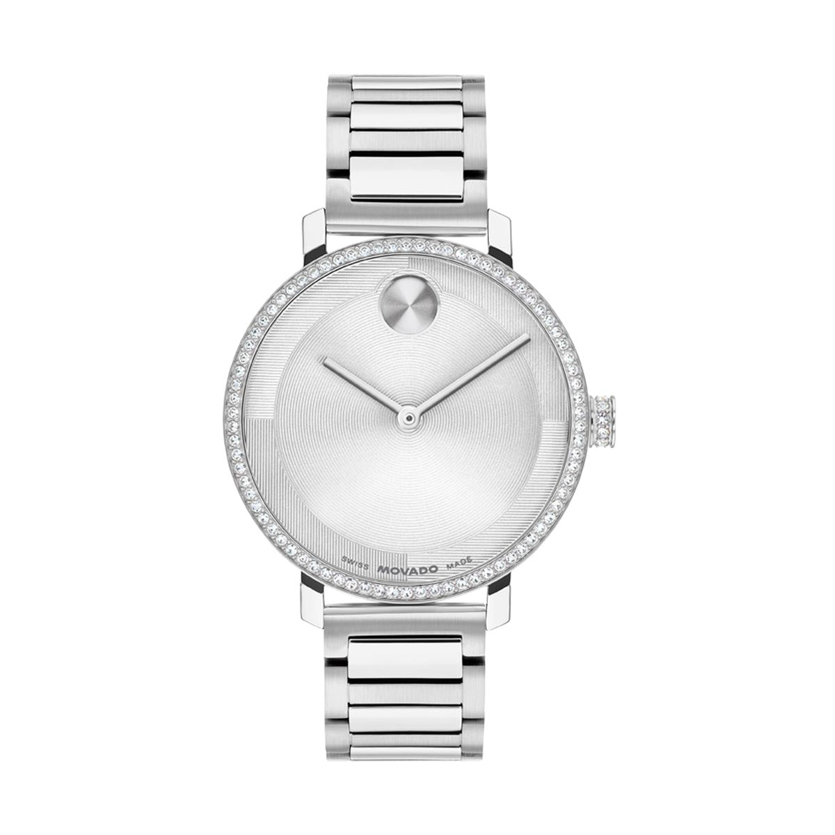 Movado Bold Evolution Watch with White Dial and Stainless Steel Bracelet (34mm and quartz movement)