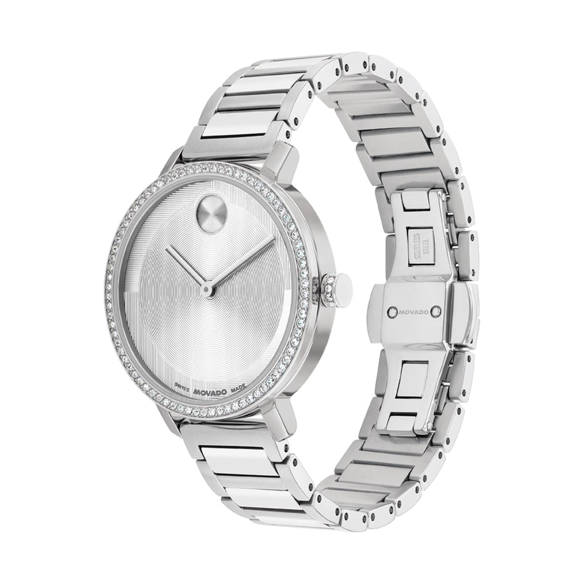 Movado Bold Evolution Watch with White Dial and Stainless Steel Bracelet (34mm and quartz movement)
