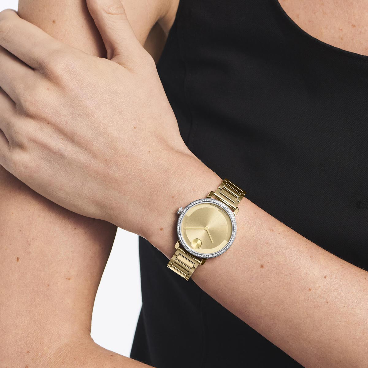 Movado Bold Evolution Watch with White Dial and Stainless Steel Bracelet (34mm and quartz movement)