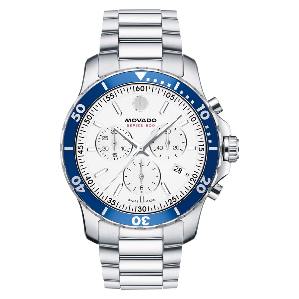 Movado Series 800 Chronograph Watch with White Dial and Stainless Steel Bracelet (42mm and quartz movement)