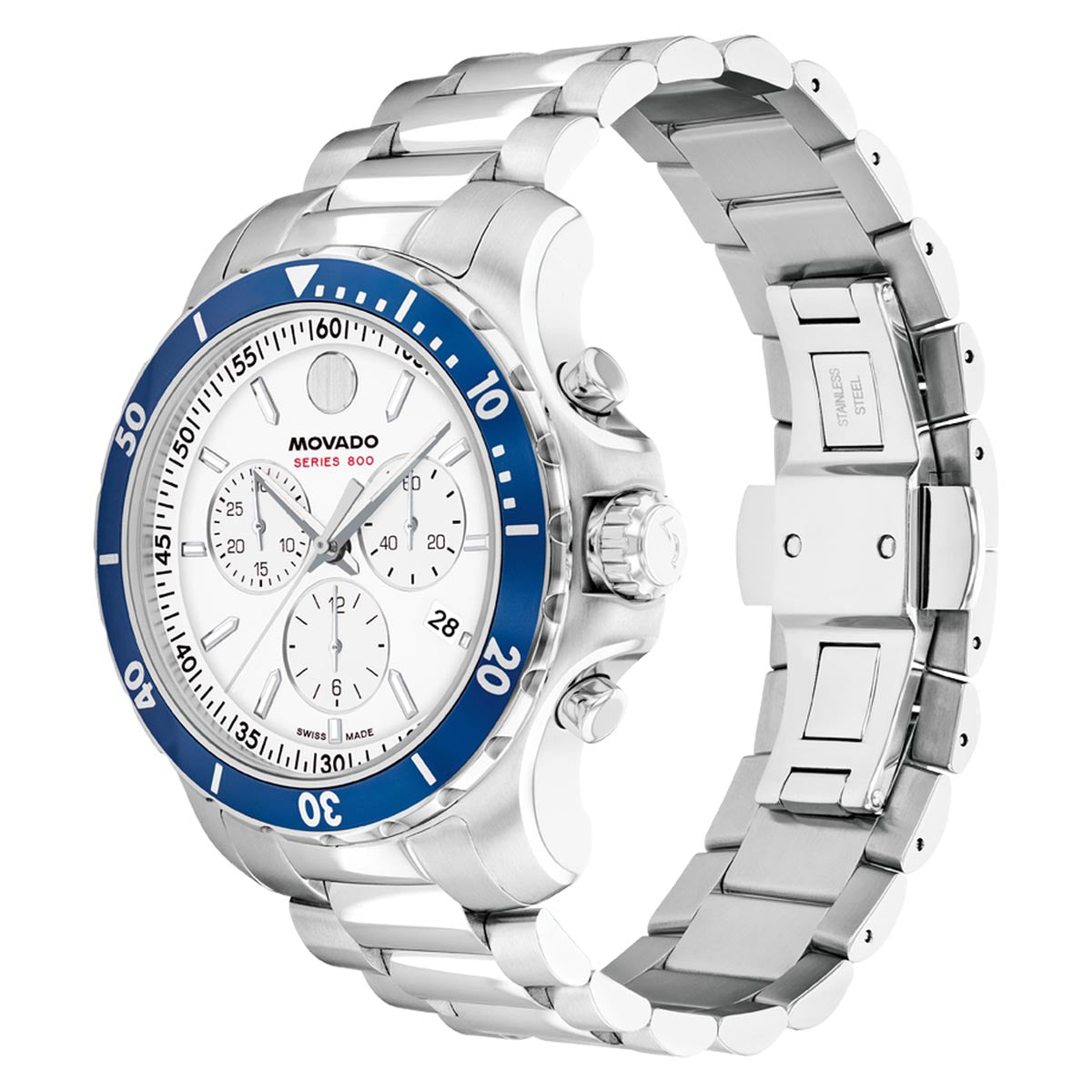 Movado Series 800 Chronograph Watch with White Dial and Stainless Steel Bracelet (42mm and quartz movement)