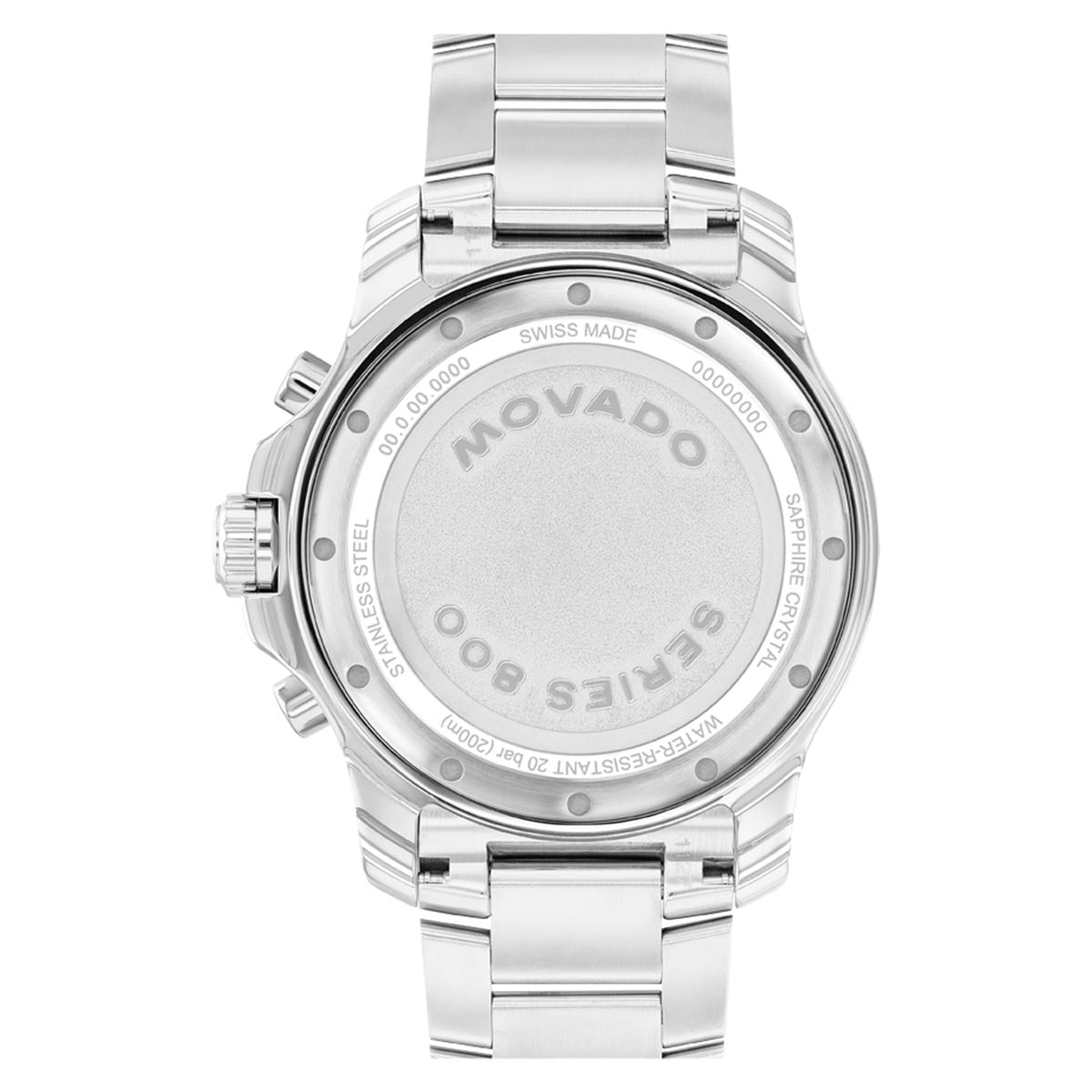 Movado Series 800 Chronograph Watch with White Dial and Stainless Steel Bracelet (42mm and quartz movement)