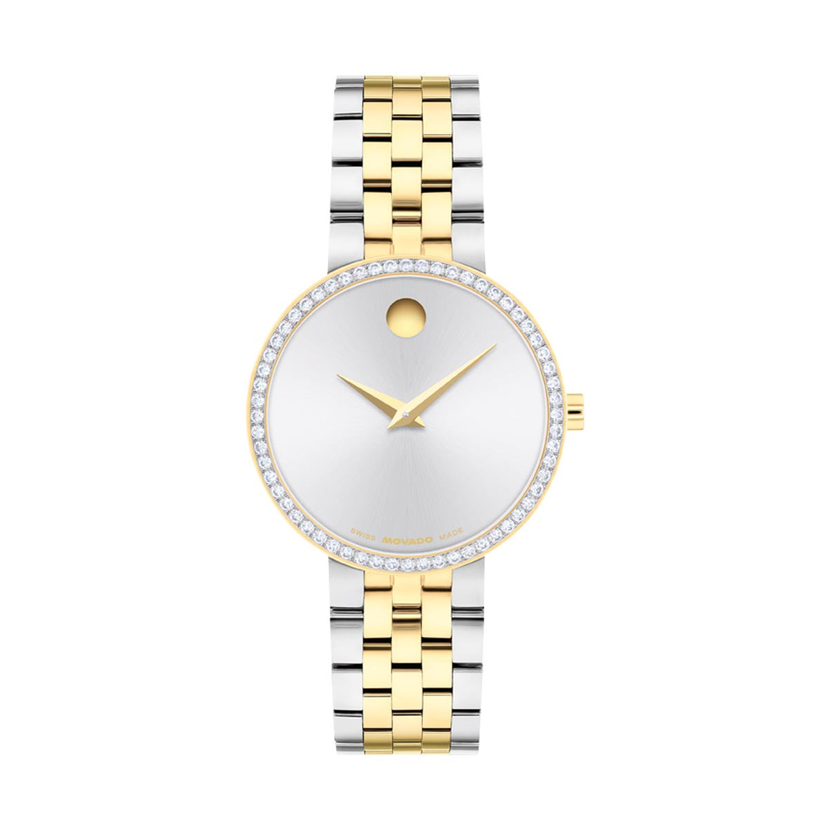 Movado Museum Classic Watch with White Dial and White and Yellow Stainless Steel Bracelet with Lab Grown Diamond Bezel (29.5mm and quartz movement)