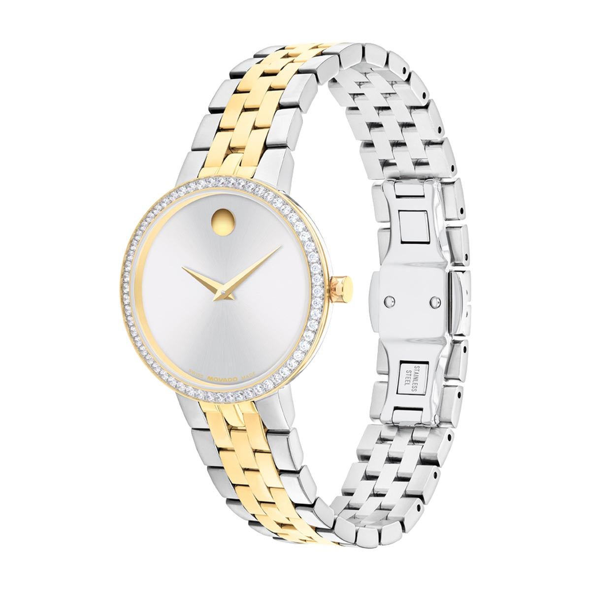 Movado Museum Classic Watch with White Dial and White and Yellow Stainless Steel Bracelet with Lab Grown Diamond Bezel (29.5mm and quartz movement)