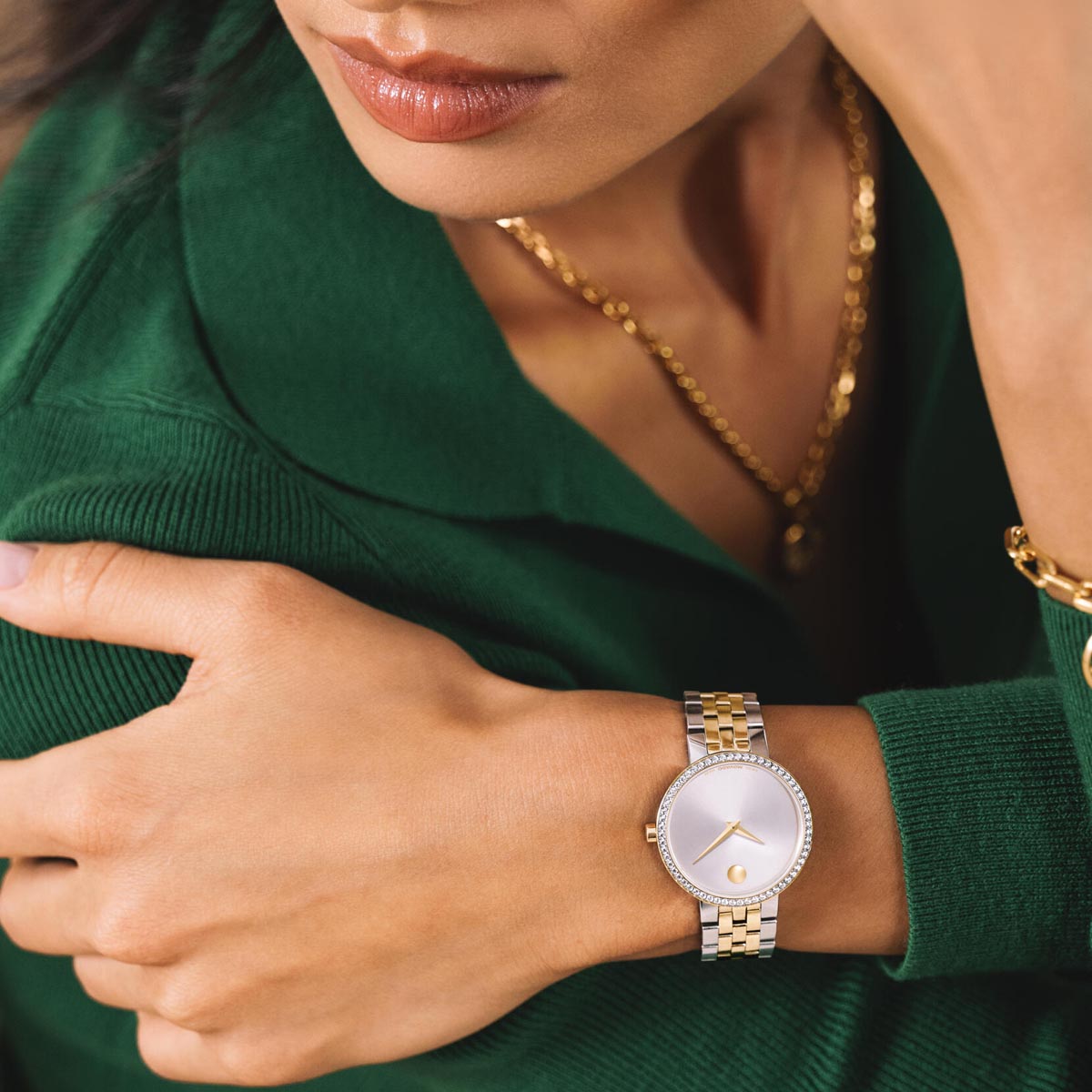 Movado Museum Classic Watch with White Dial and White and Yellow Stainless Steel Bracelet with Lab Grown Diamond Bezel (29.5mm and quartz movement)