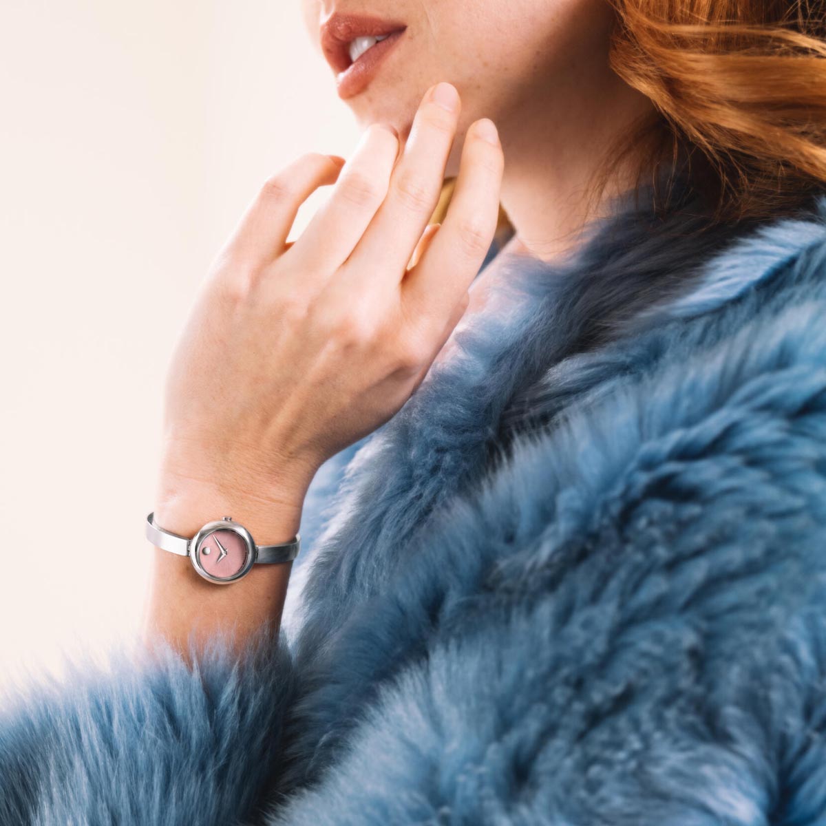 Movado Museum Bangle Watch with Pink Dial and Stainless Steel Bracelet (21.5mm and quartz movement)