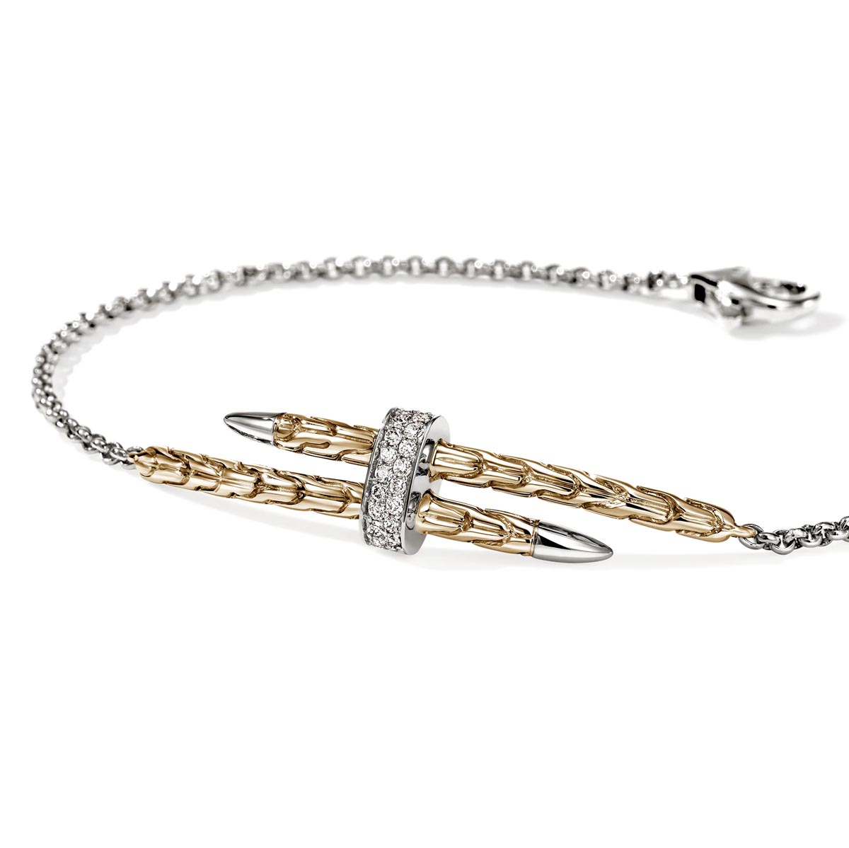 John Hardy Spear Diamond Pave Bracelet in Sterling Silver and 14kt Yellow Gold (1/10ct tw)