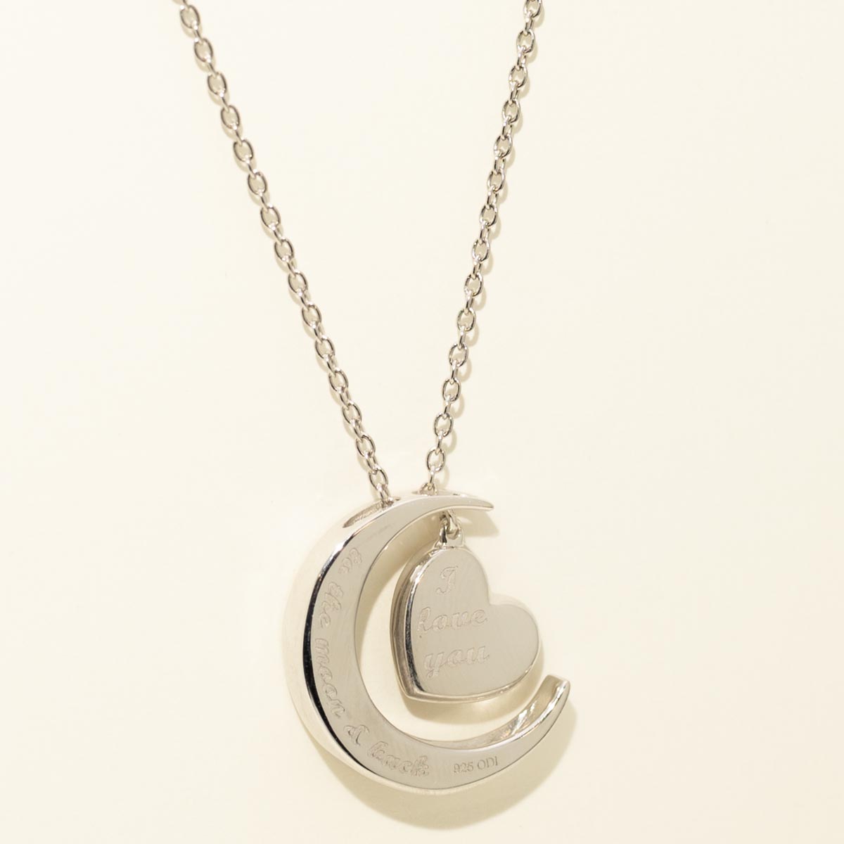 Engraved Heart and Half Moon Necklace in Sterling Silver with Diamonds (1/20ct tw)