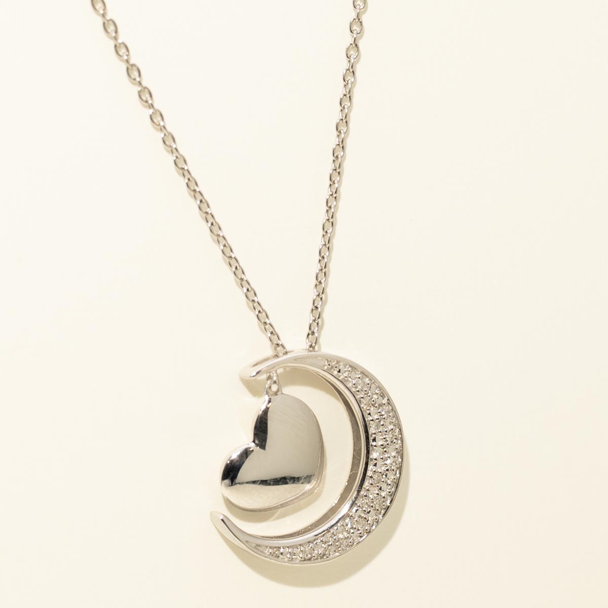 Engraved Heart and Half Moon Necklace in Sterling Silver with Diamonds (1/20ct tw)