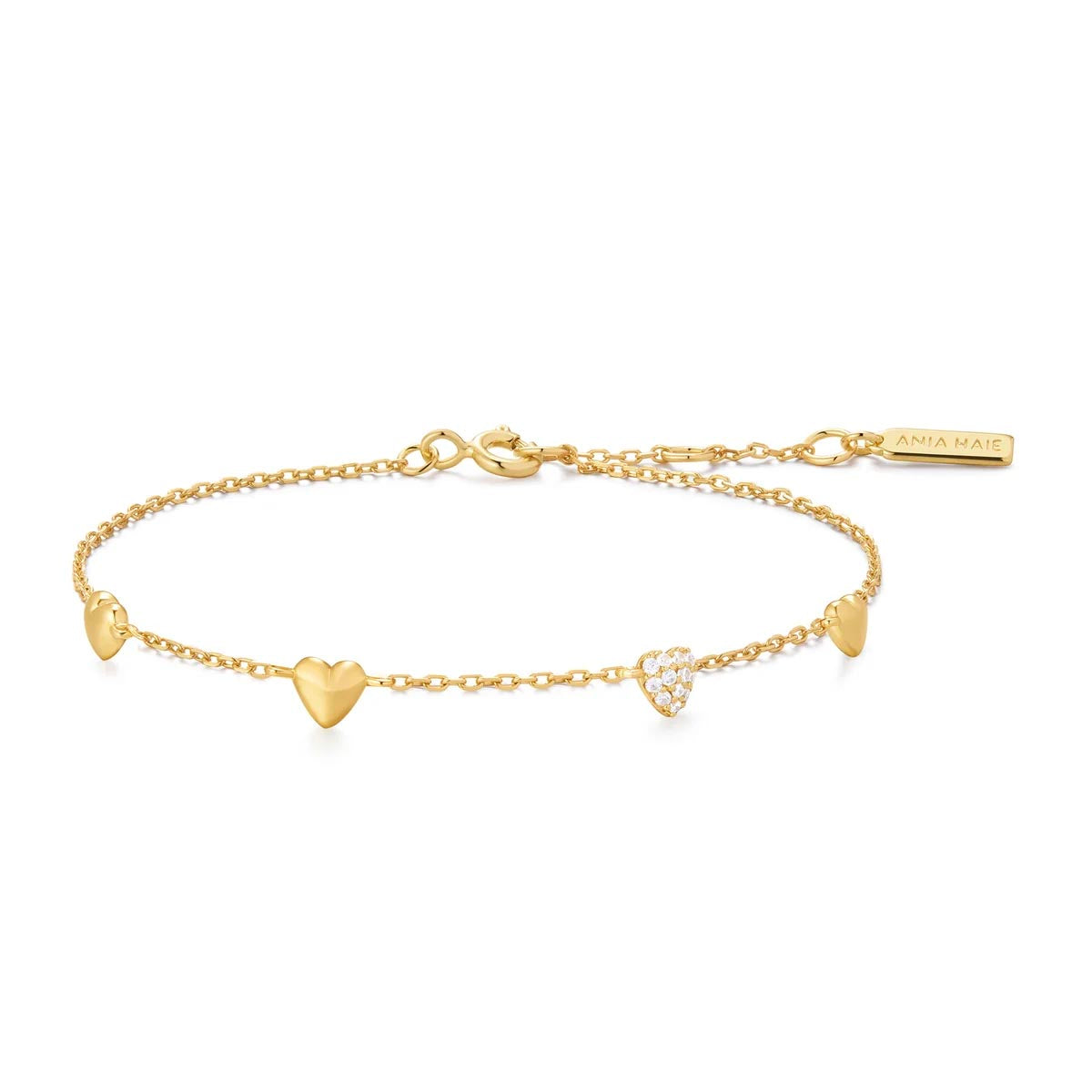 Ania Haie Puff Heart Station Bracelet in Sterling Silver with 14kt Yellow Gold Plate with Cubic Zirconia