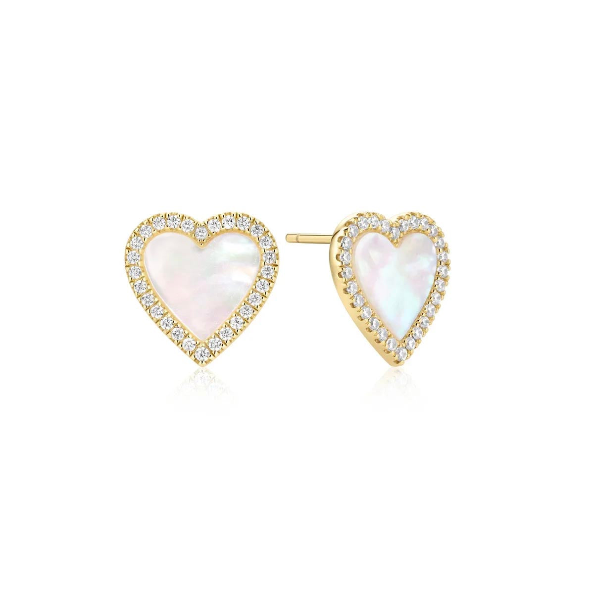 Ania Haie Mother of Pearl Heart Stud Earrings in Sterling Silver with 14kt Gold Plate with Cubic Zirconia
