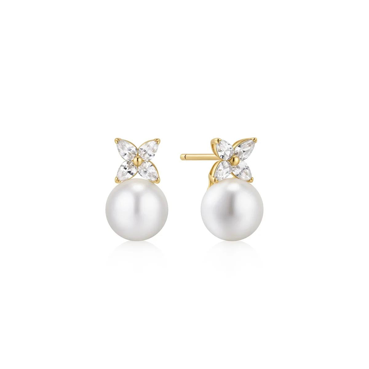Ania Haie Shell Pearl and Cubic Zirconia Stud Earrings in Sterling Silver with 14kt Yellow Gold Plate