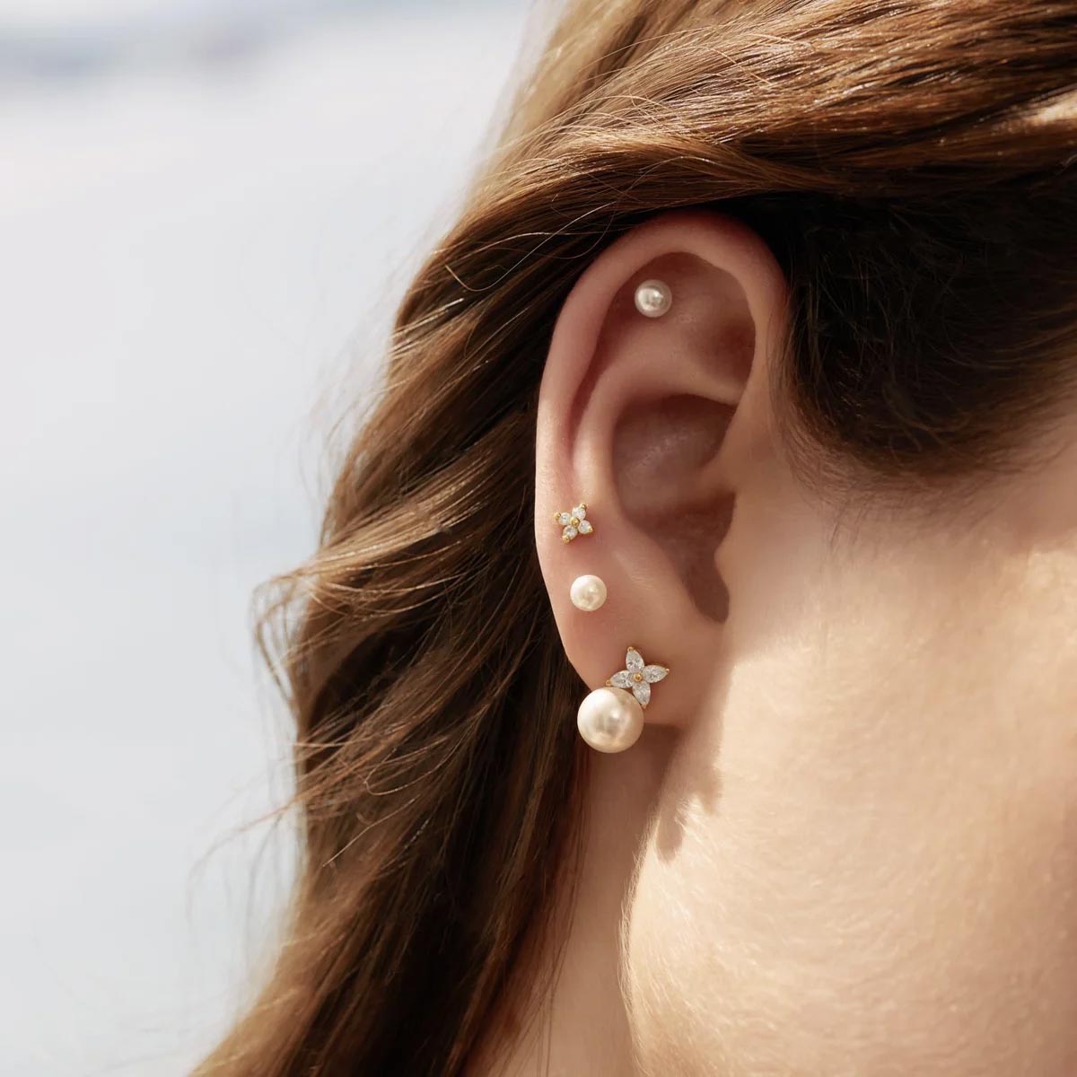 Ania Haie Shell Pearl and Cubic Zirconia Stud Earrings in Sterling Silver with 14kt Yellow Gold Plate