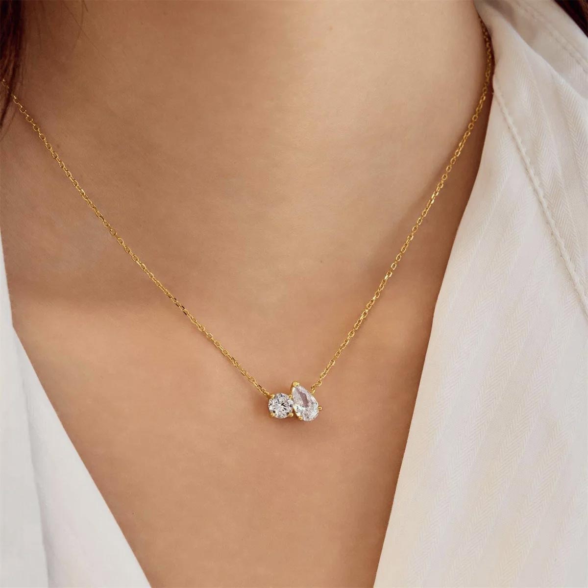 Ania Haie Pear Shape and Round Cubic Zirconia Asymmetric Necklace in Sterling Silver with 14kt Yellow Gold Plate
