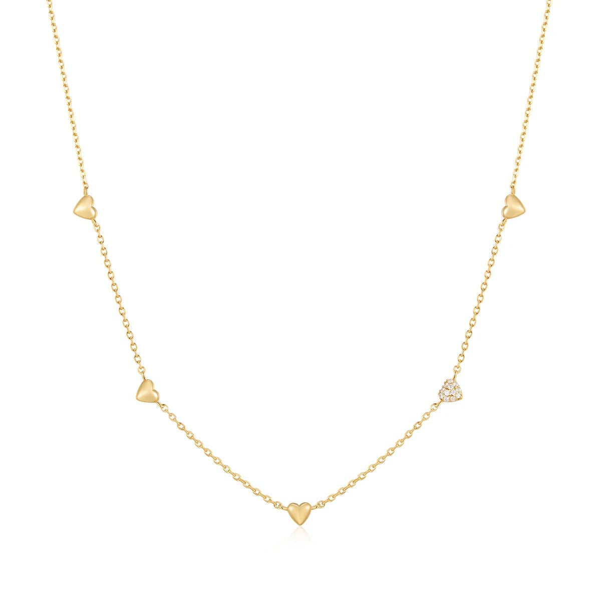 Ania Haie Puff Heart Station Necklace in Sterling Silver with 14kt Yellow Gold Plate with Cubic Zirconia