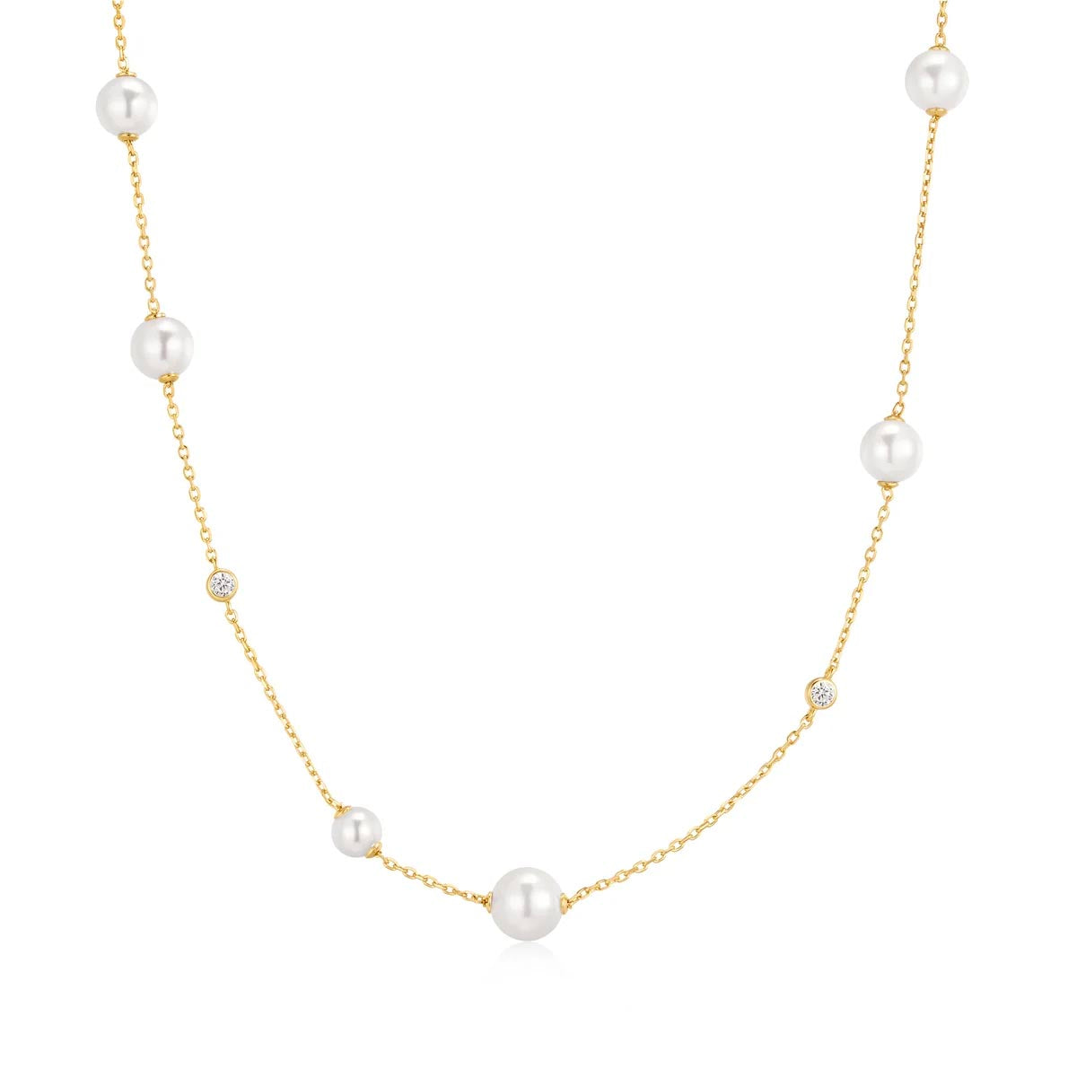 Ania Haie Shell Pearl Station Necklace in Sterling Silver with 14kt Yellow Gold Plate with Cubic Zirconia