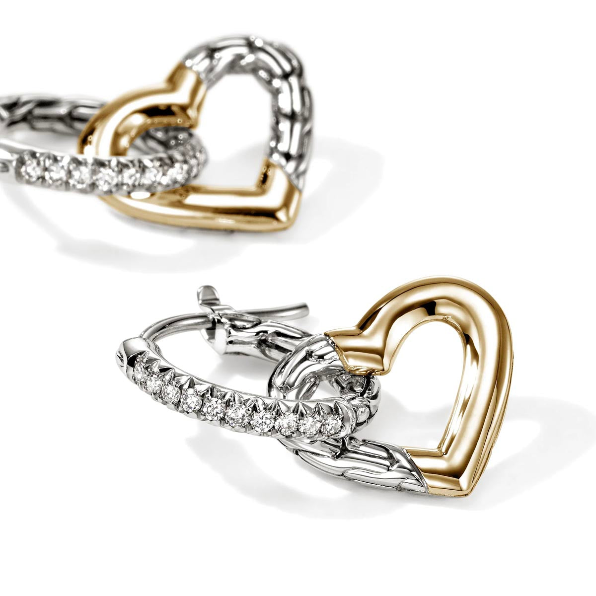 John Hardy Essential Diamond Heart Drop Earrings in Sterling Silver and 14kt Yellow Gold (1/7ct tw)