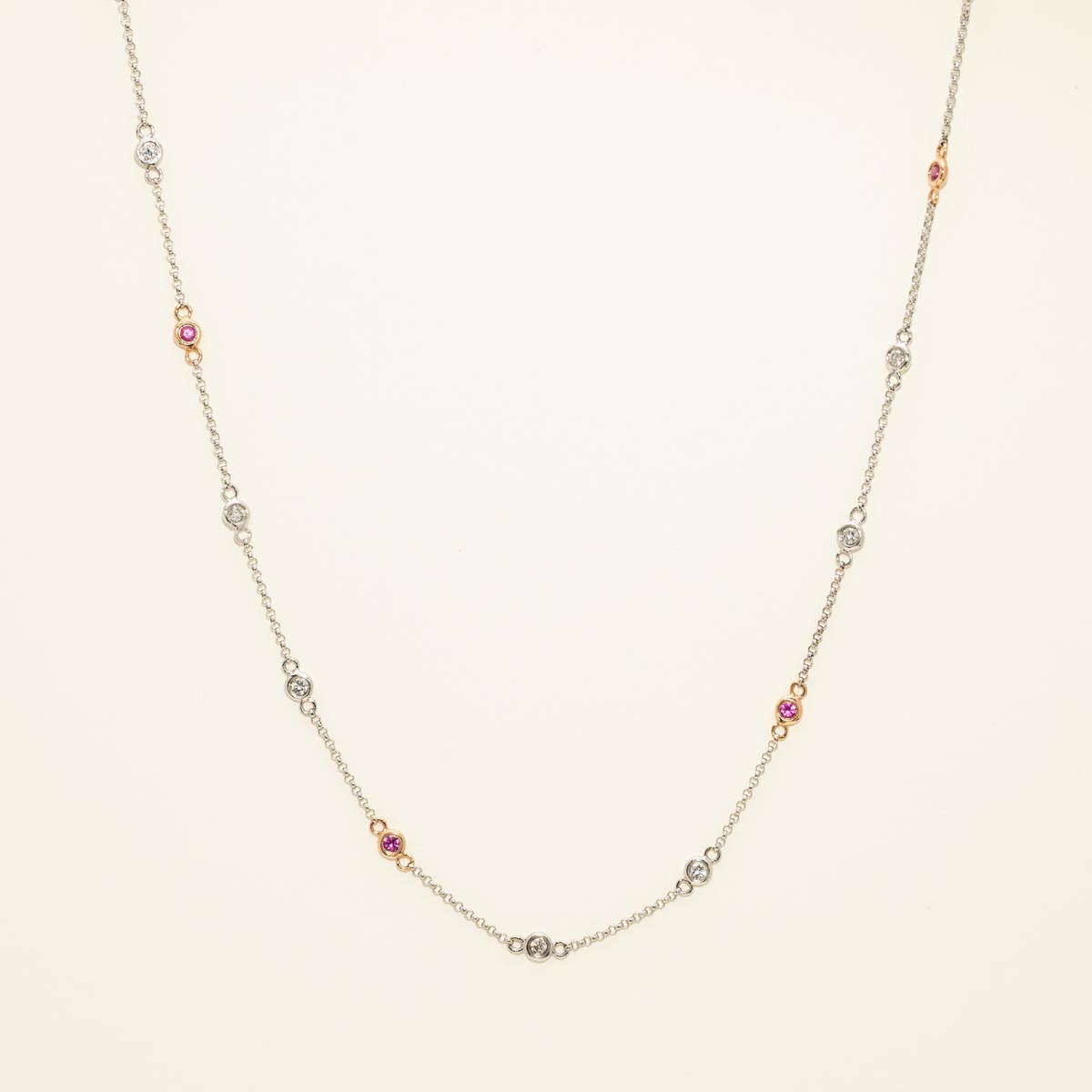 Pink Sapphire and Diamond Bezel Necklace in 14kt White and Rose Gold (3/4ct tw)