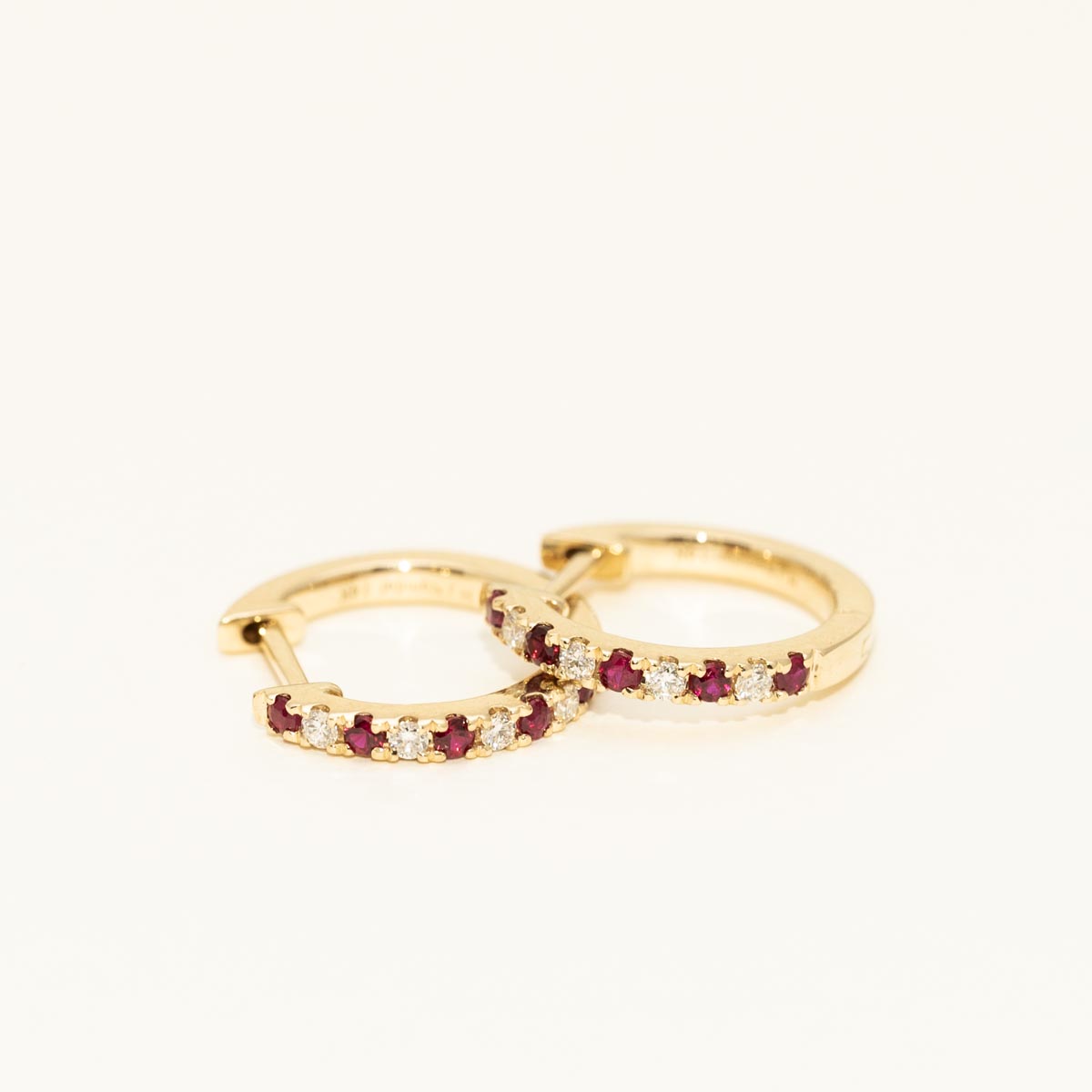 Ruby and Diamond Hoop Earrings in 14kt Yellow Gold (1/10ct tw)