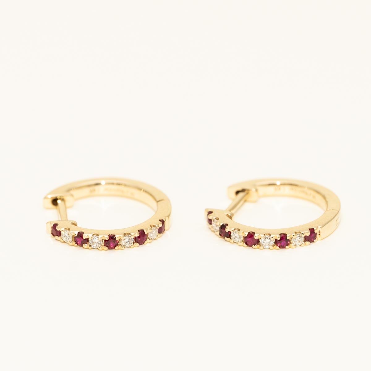 Ruby and Diamond Hoop Earrings in 14kt Yellow Gold (1/10ct tw)