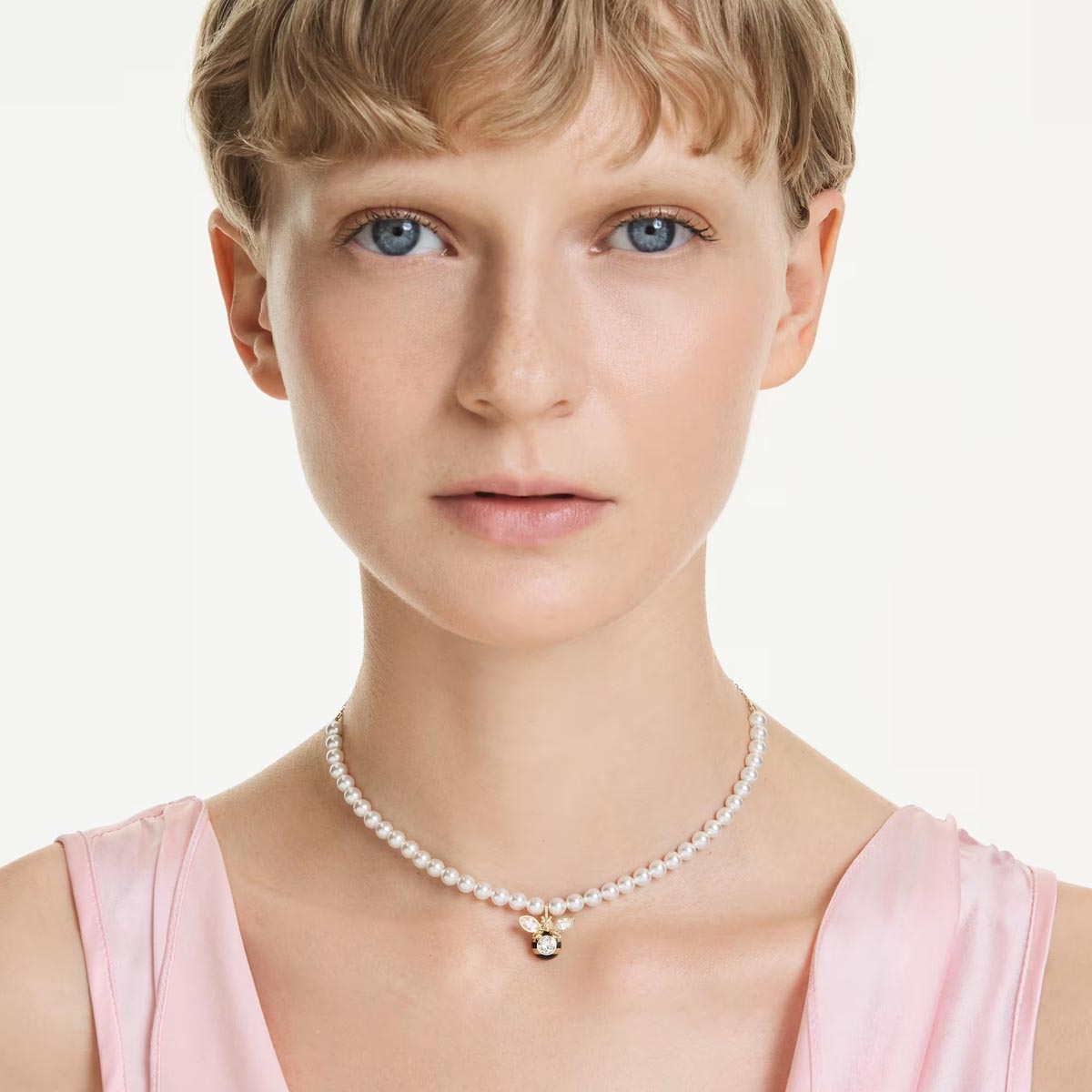 Swarovski Idyllia Crystal Pearl Bee Choker Necklace in Yellow Tone Plate