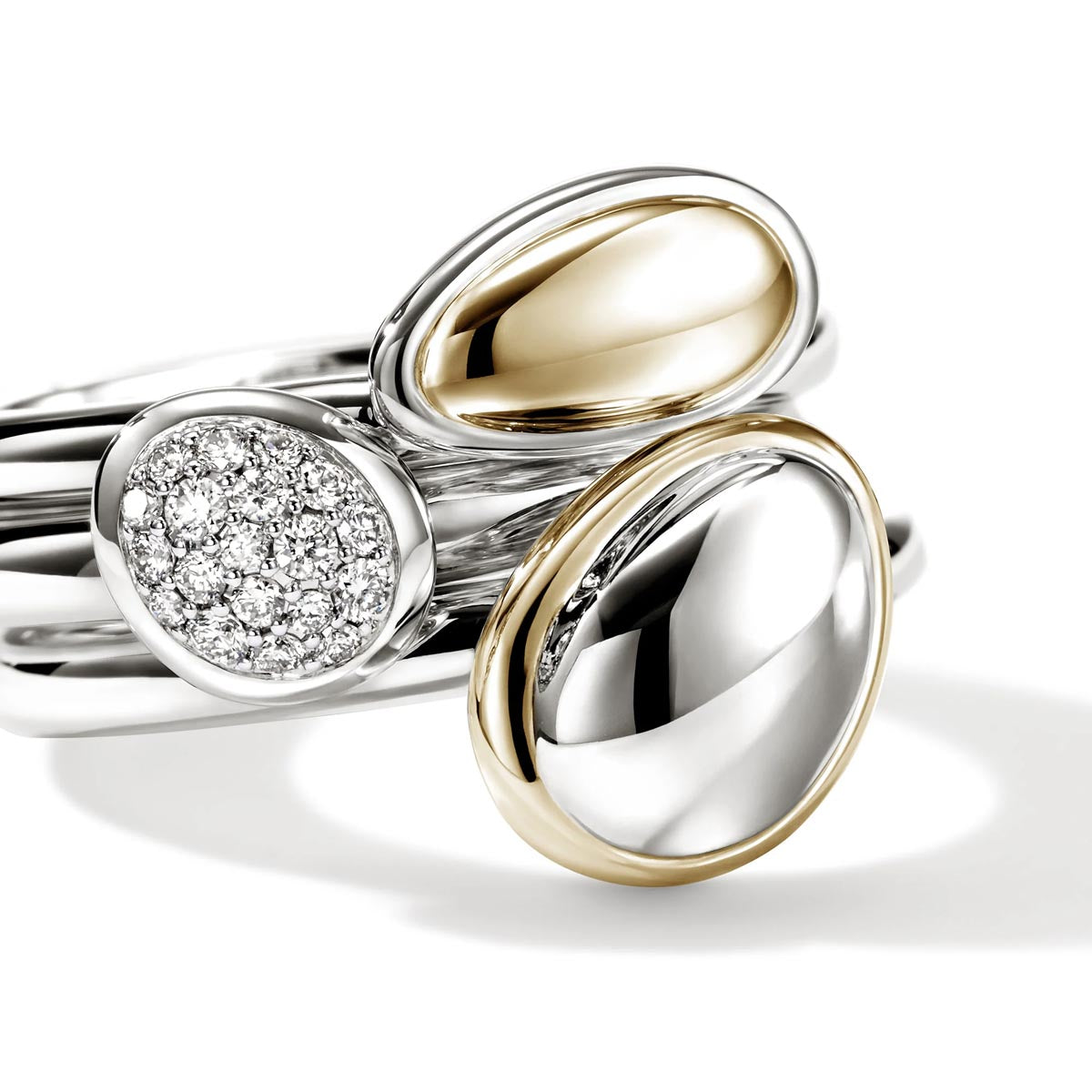 John Hardy Surf Pebble Ring in Sterling Silver and 14kt Yellow Gold with Diamonds (1/7ct tw)