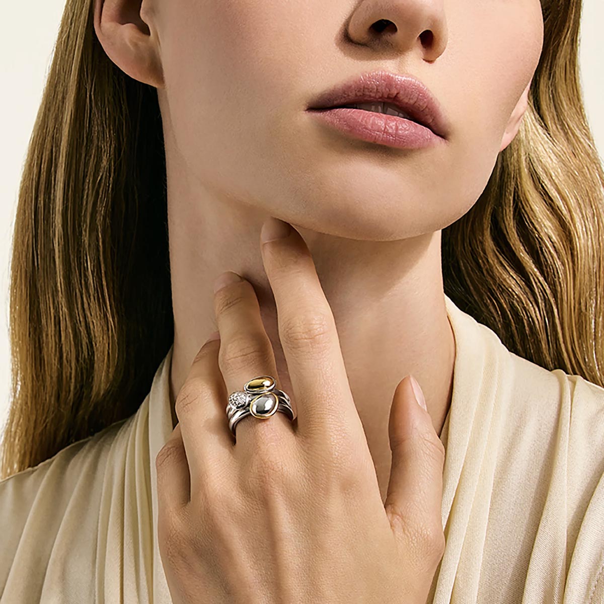 John Hardy Surf Pebble Ring in Sterling Silver and 14kt Yellow Gold with Diamonds (1/7ct tw)