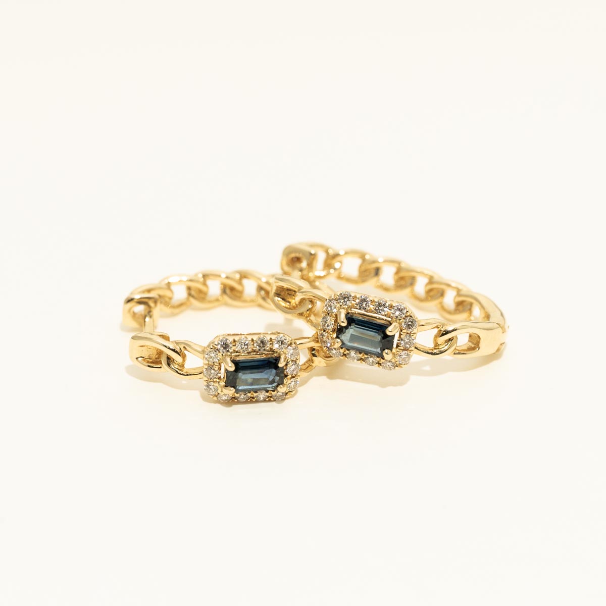 Emerald Cut Sapphire Halo Hoop Earrings in 14kt Yellow Gold with Diamonds (1/4ct tw)