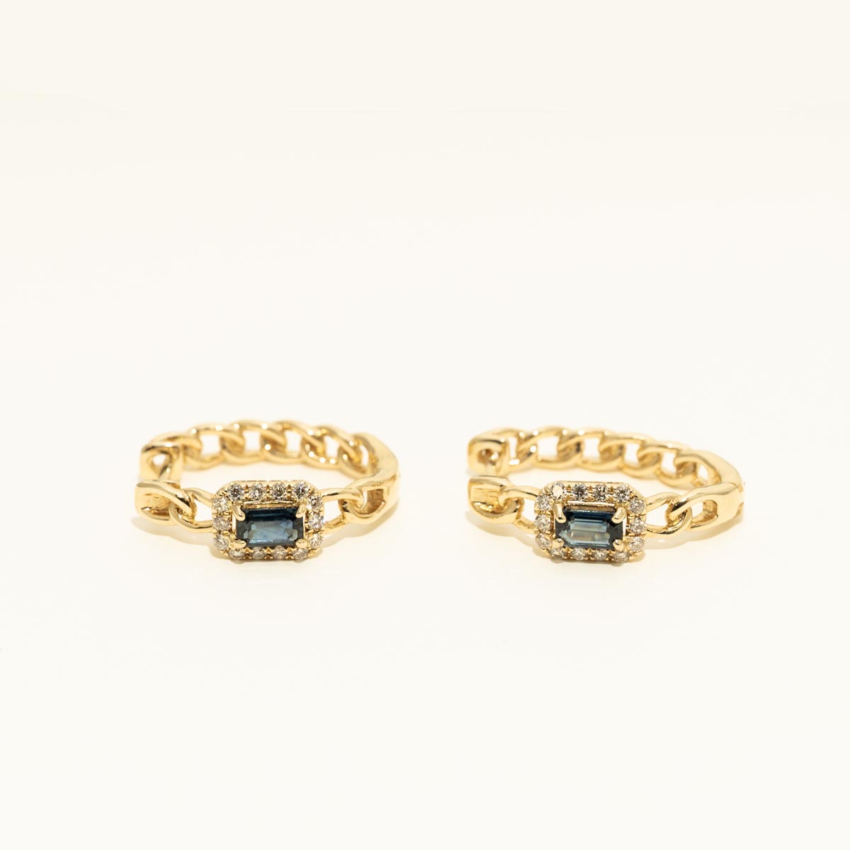 Emerald Cut Sapphire Halo Hoop Earrings in 14kt Yellow Gold with Diamonds (1/4ct tw)