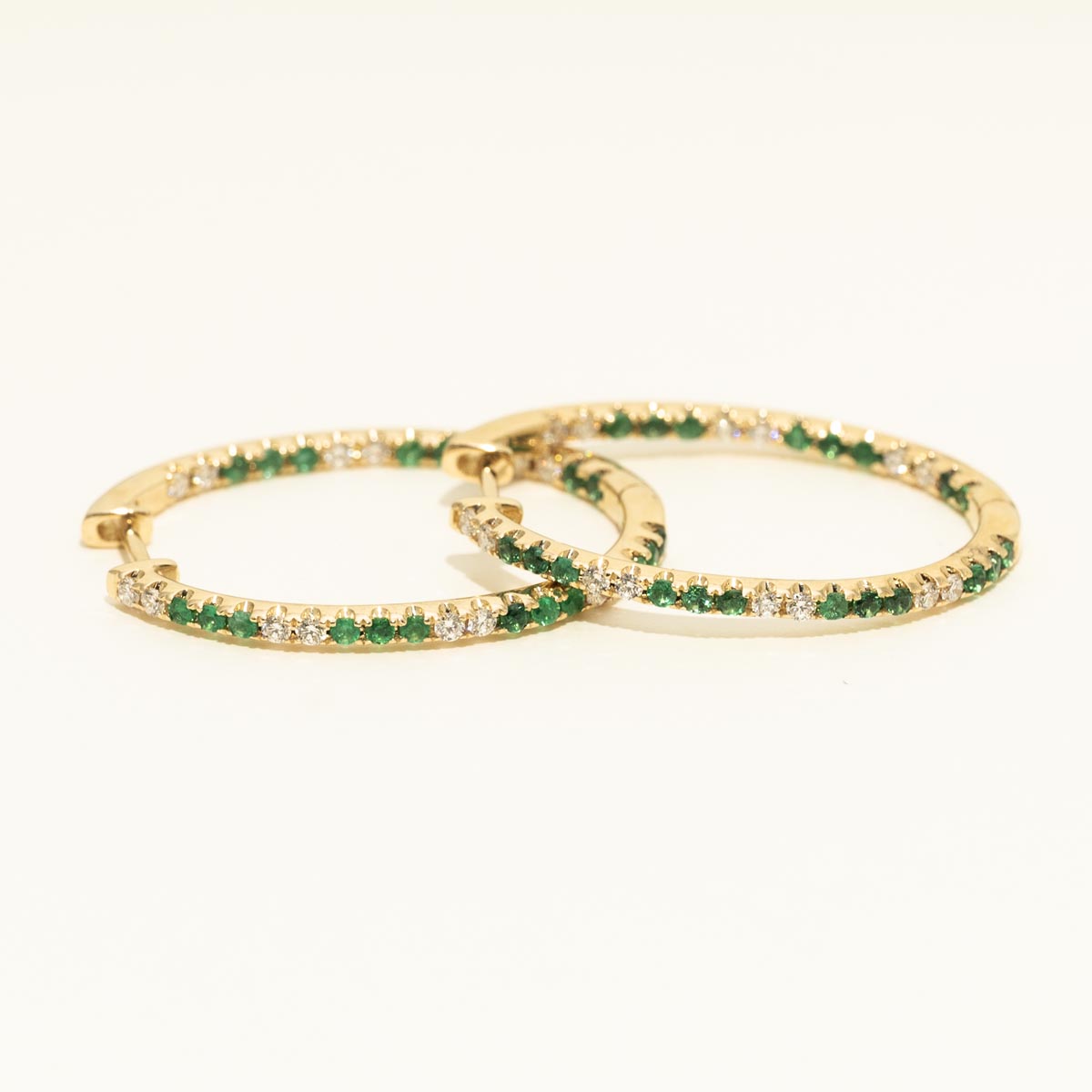 Emerald Oval Hoop Earrings in 14kt Yellow Gold with Diamonds (1/2ct tw)