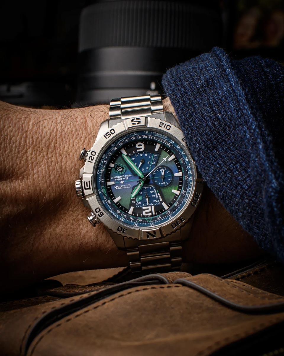 Citizen Limited Edition Promaster Navihawk Watch with Blue and Green Dial with Stainless Steel Bracelet (48mm and eco drive movement)