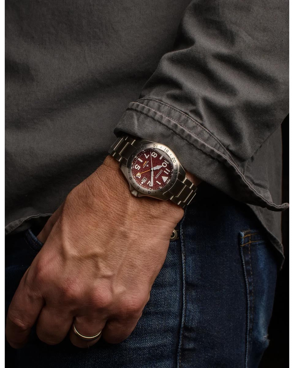Citizen Promaster Land Watch with Red Dial and Stainless Steel Bracelet (40mm and eco drive movement)