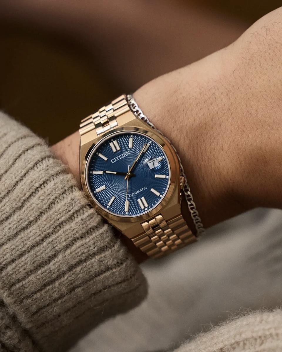 Citizen Tsuyosa Watch with Blue Dial and Rose Gold Toned Stainless Steel Bracelet (40mm and automatic movement)