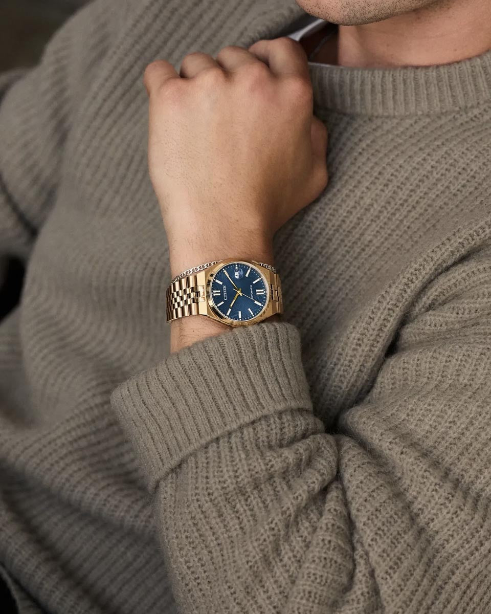 Citizen Tsuyosa Watch with Blue Dial and Rose Gold Toned Stainless Steel Bracelet (40mm and automatic movement)