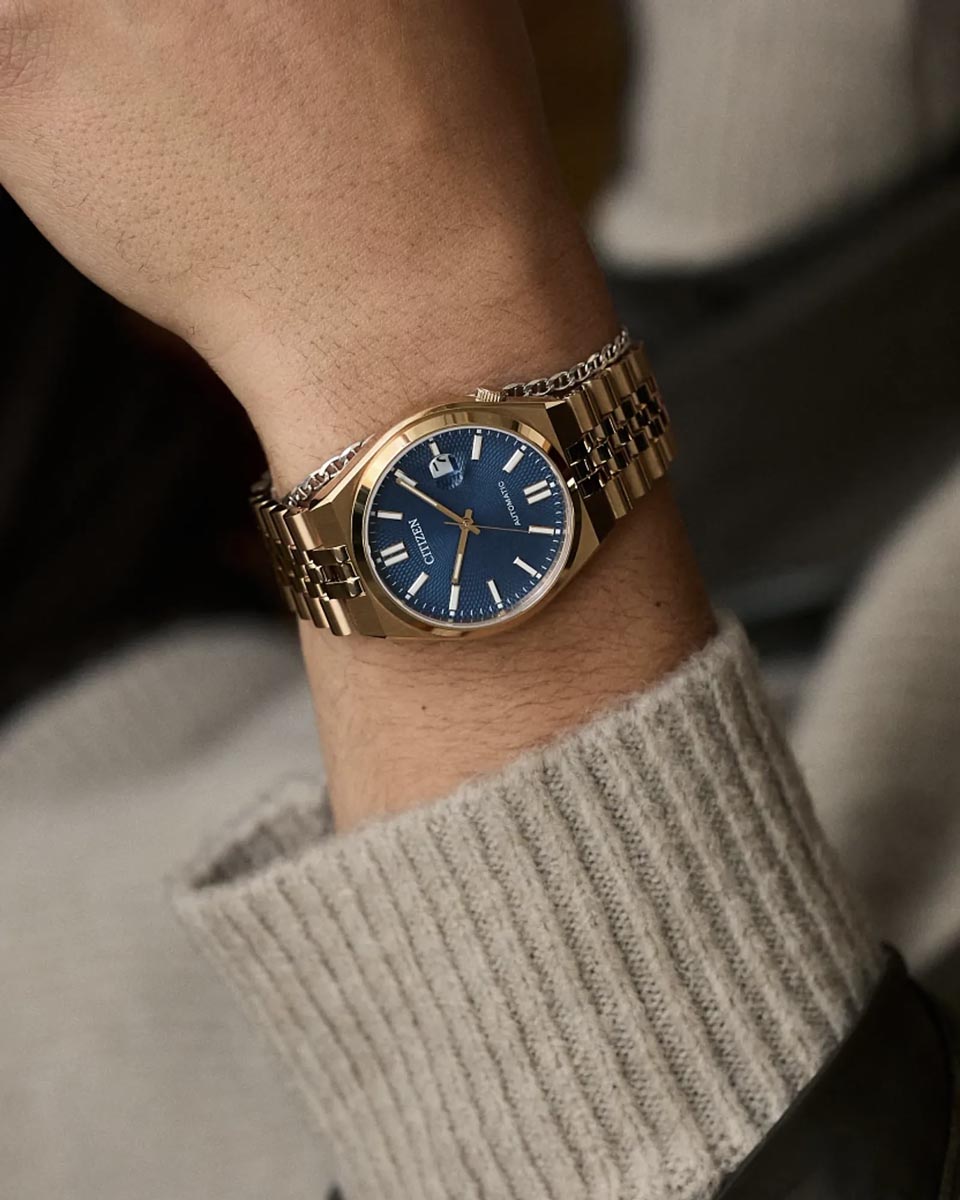 Citizen Tsuyosa Watch with Blue Dial and Rose Gold Toned Stainless Steel Bracelet (40mm and automatic movement)