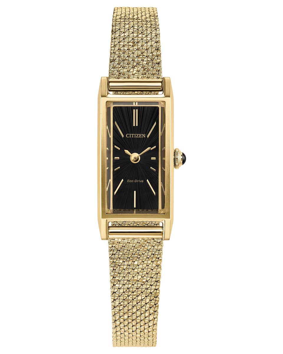 Citizen Fio Watch with Black Dial and Gold Tone Stainless Steel Bracelet (14x31mm and eco drive movement)