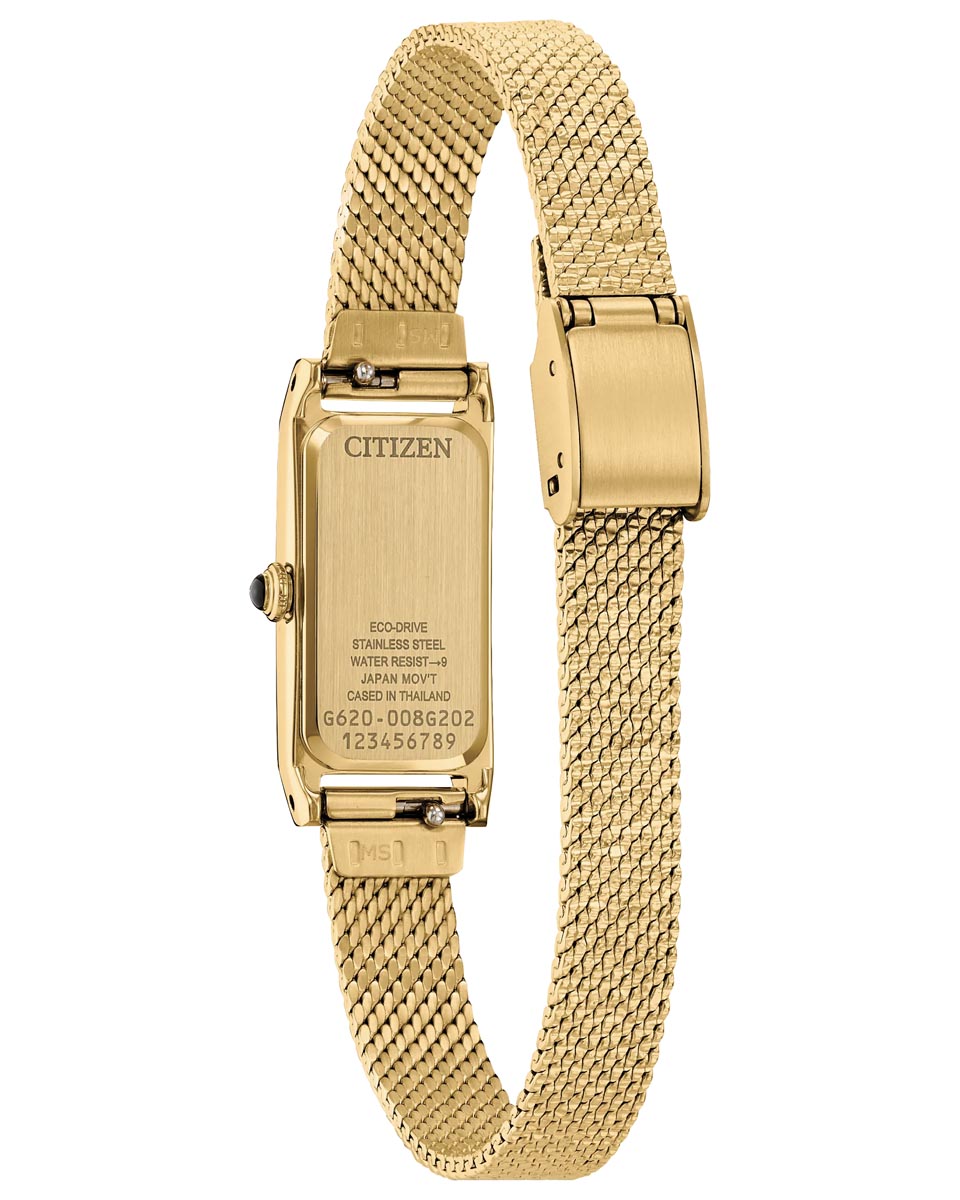 Citizen Fio Watch with Black Dial and Gold Tone Stainless Steel Bracelet (14x31mm and eco drive movement)