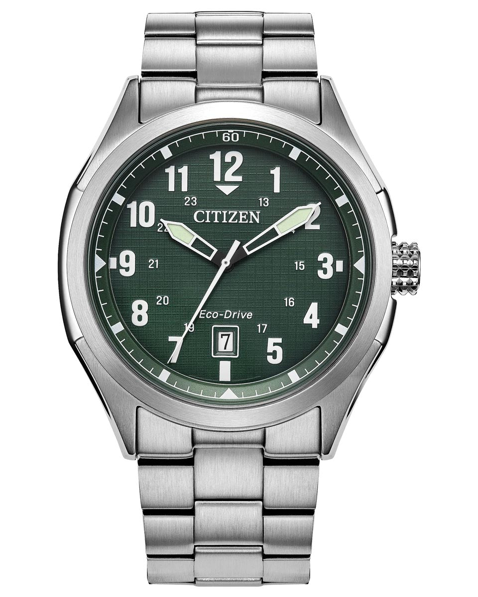 Citizen Terra Force Watch with Green Dial and Stainless Steel Bracelet (41mm and eco drive movement)