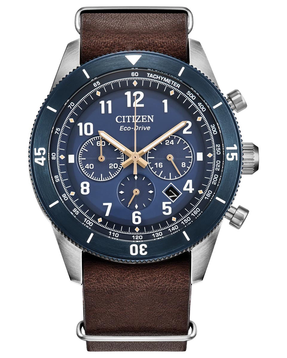 Citizen Terra Force Watch with Blue Dial and Brown Leather Strap (43mm and eco drive movement)