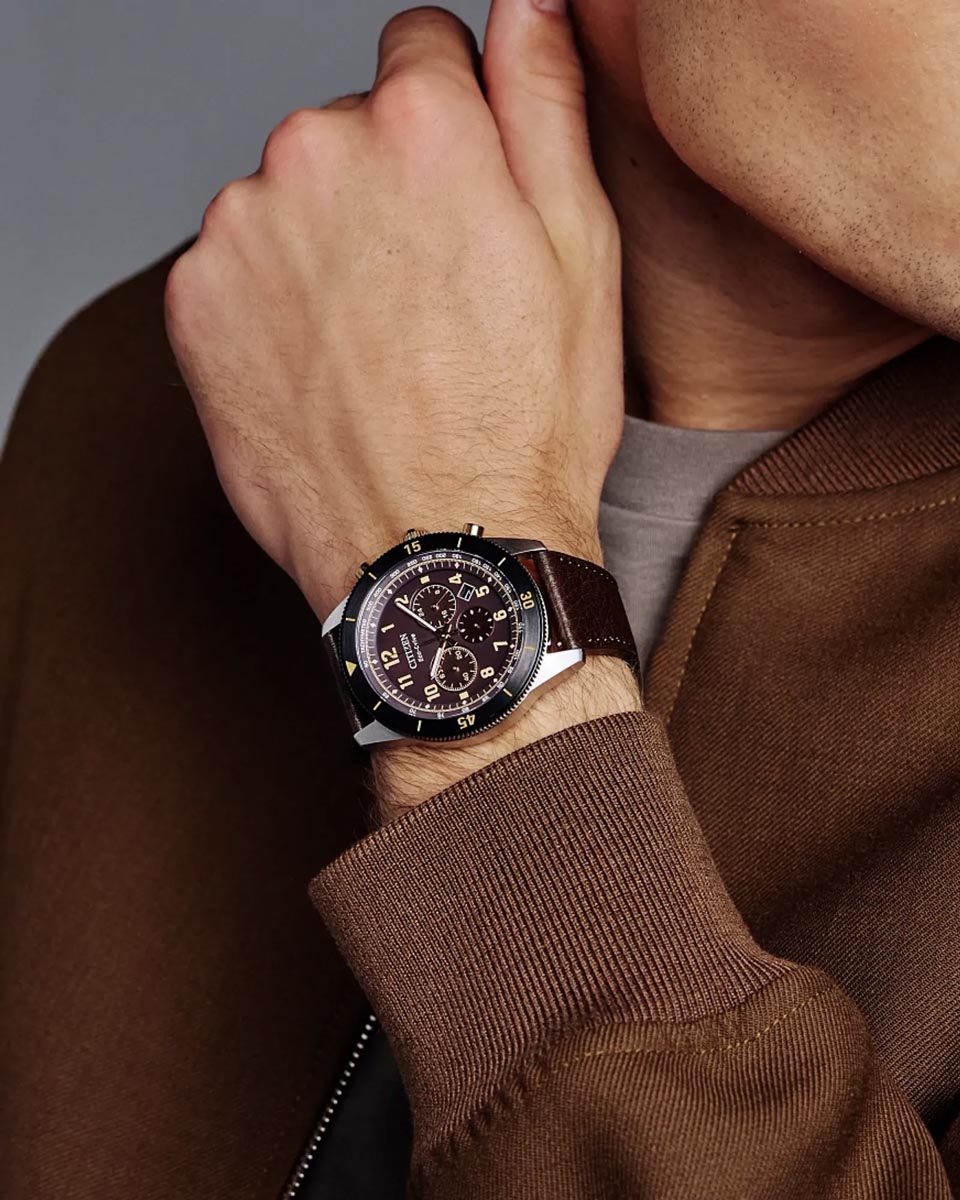 Citizen Terra Force Watch with Brown Dial and Brown Leather Strap (43mm and eco drive movement)