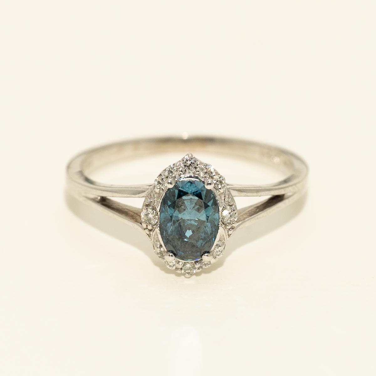 Blue Oval Diamond Ring with White Diamonds in 14kt White Gold (7/8ct tw)